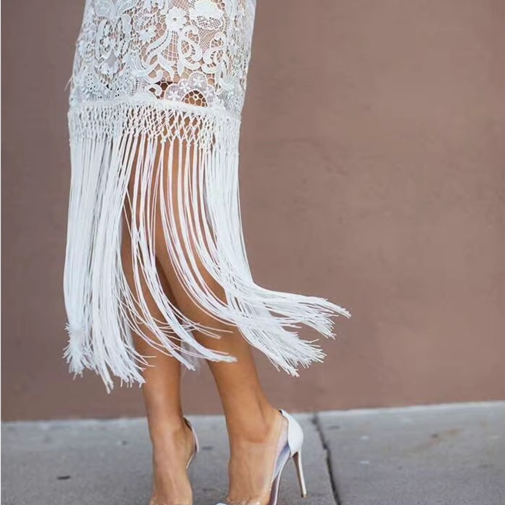 Self-Portrait Ivory Lace Dress with Fringe - Picture 2 of 8